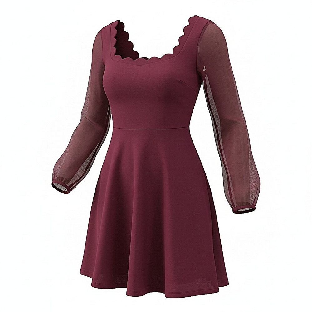 NEW! B Darlin Womens Scalloped Neck Burgundy Mesh-Sleeve Fit & Flare Dress